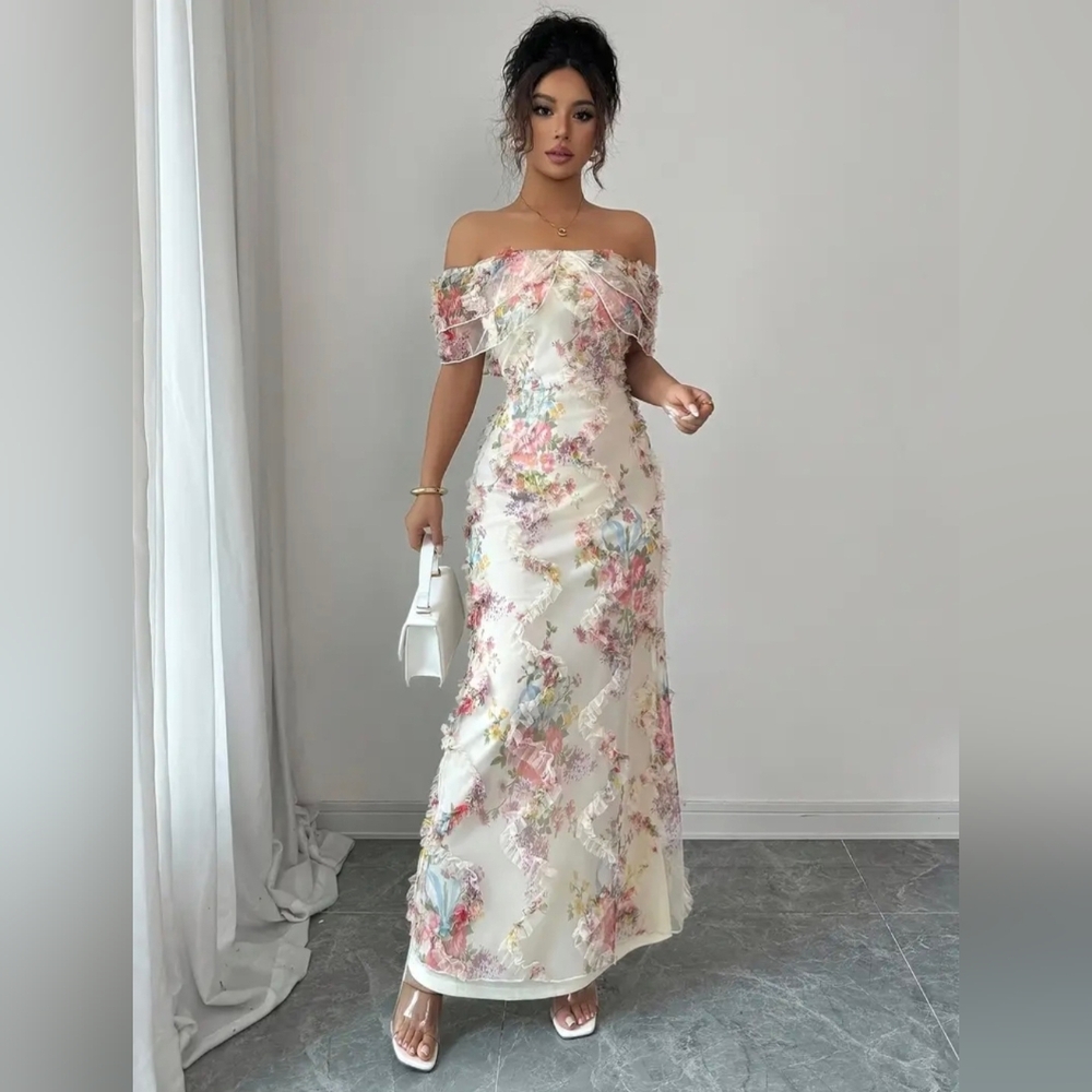 NEW! Floral Print Off-the-shoulder Floor Length Dress (Sz. M)
